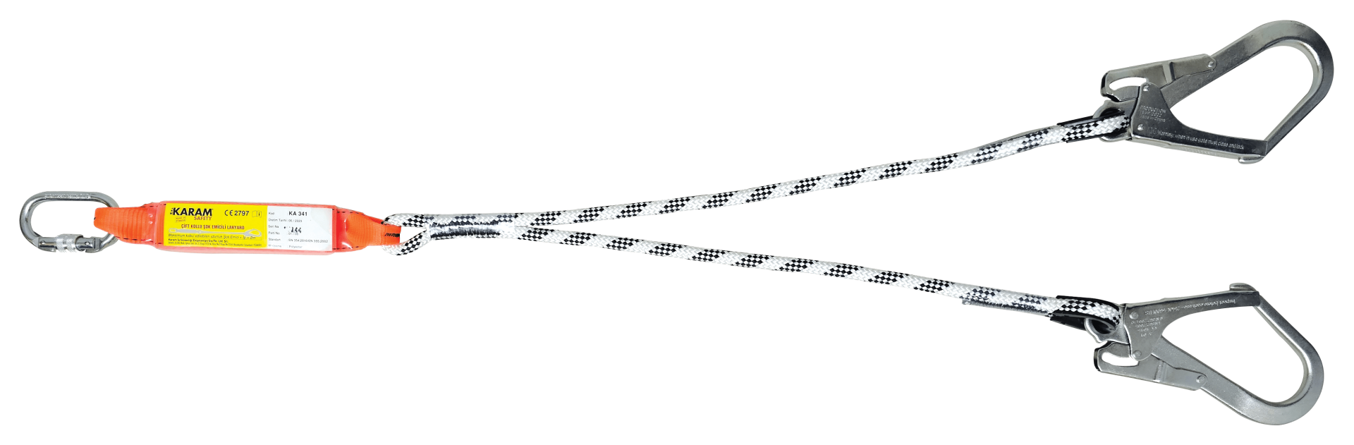 KA341 Şok Emici Çift Kollu Statik Halatlı Büyük Kancalı Lanyard